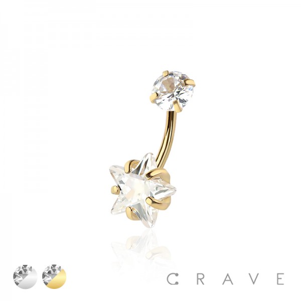 DOUBLE PRONG SET STAR CZ 316L SURGICAL STEEL NON DANGLE BELLY RING